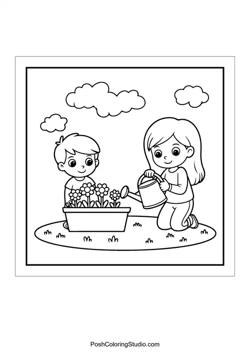 A child watering flowers in a garden box.