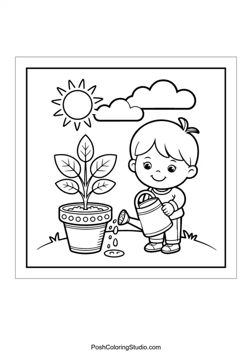 A boy watering a potted plant with a watering can.