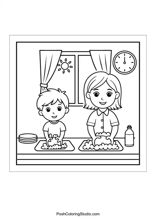 Two children washing their hands at a sink.