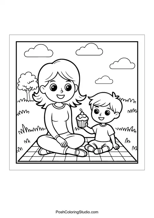 A mother and child enjoying a picnic with cupcakes.