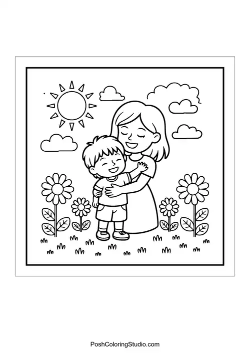 A mother hugging her child among flowers.