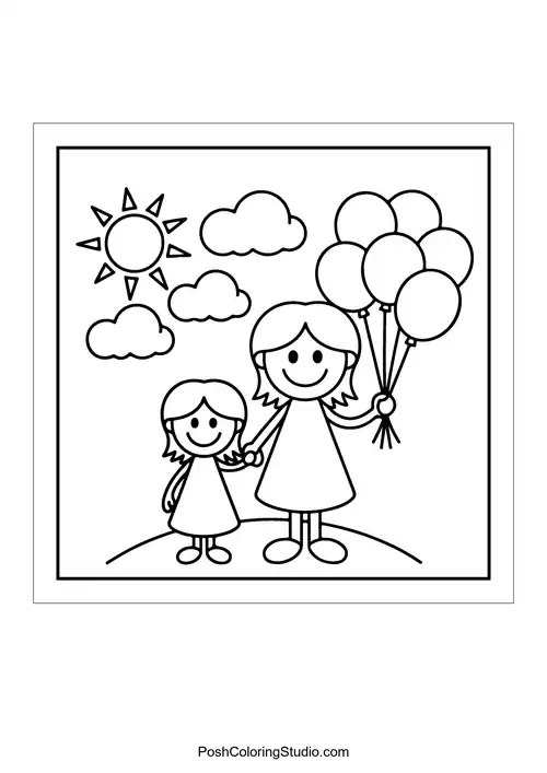 A mother and daughter holding balloons on a hill.