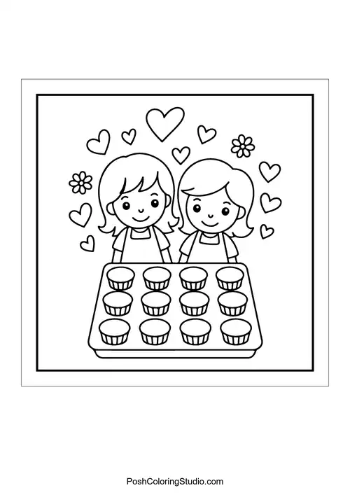 Two girls baking cupcakes with hearts around them.