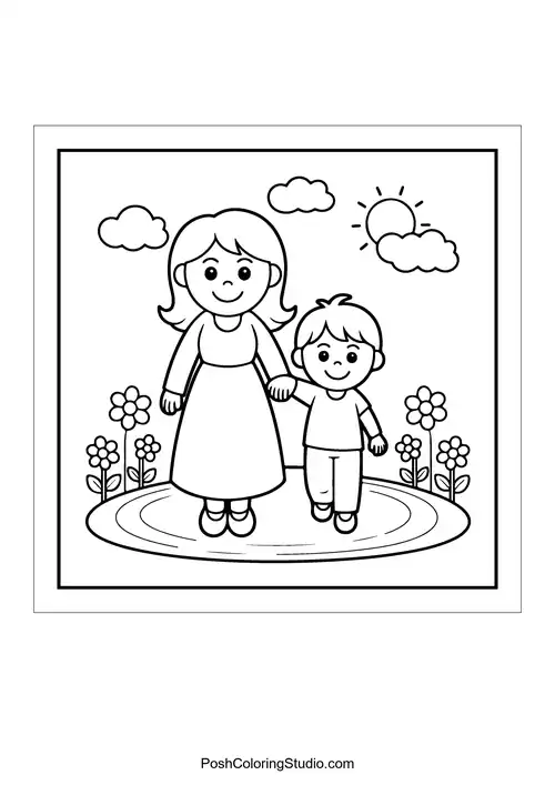 A mother and son walking hand in hand by flowers.