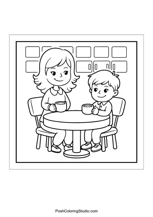 A mother and child enjoying drinks at a table.
