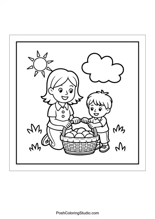 A mother and child picking eggs from a basket.