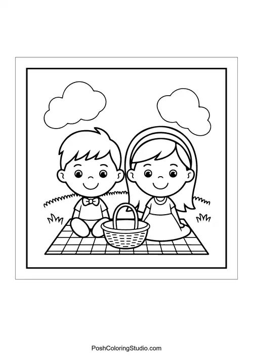 Two children sitting on a blanket with a basket.