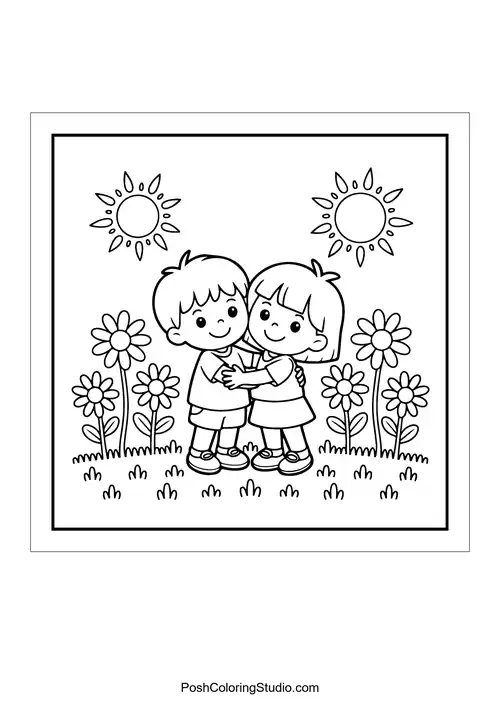 Two children hugging among flowers under the sun.