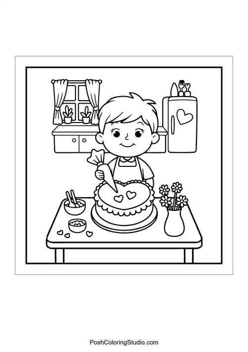 A boy decorating a heart-shaped cake on a table.