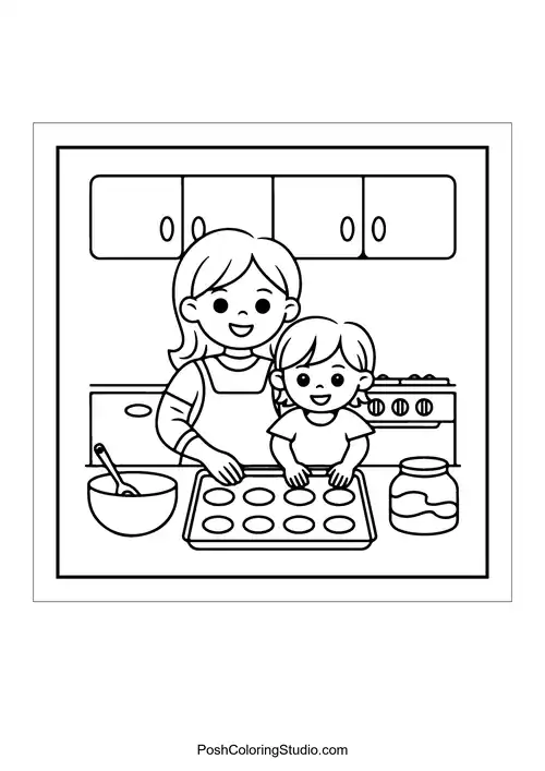 A mother and child baking cookies in the kitchen.