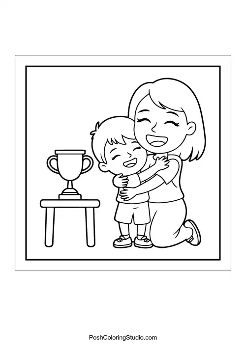 A mother hugging her child next to a trophy.