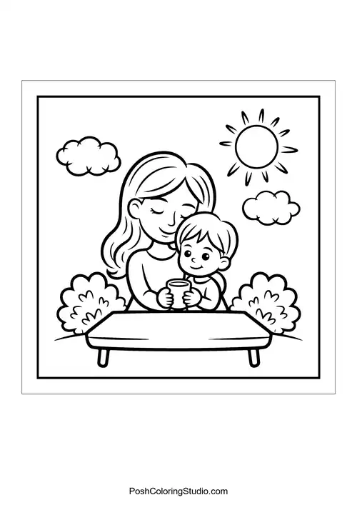 A mother and child sharing a drink at a table.