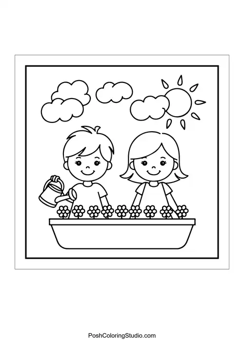 Two children watering flowers in a garden box.