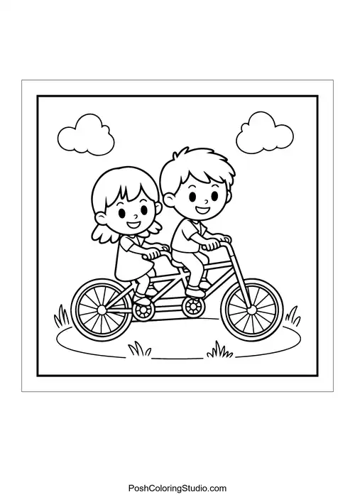 Two children riding a tandem bicycle on grass.