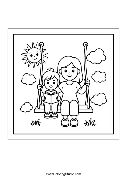 A mother and child on a swing under a smiling sun.