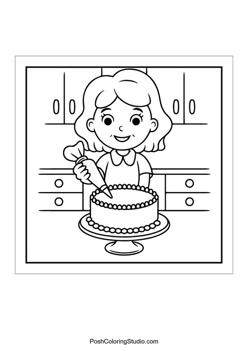 A girl decorating a cake with icing in a kitchen.