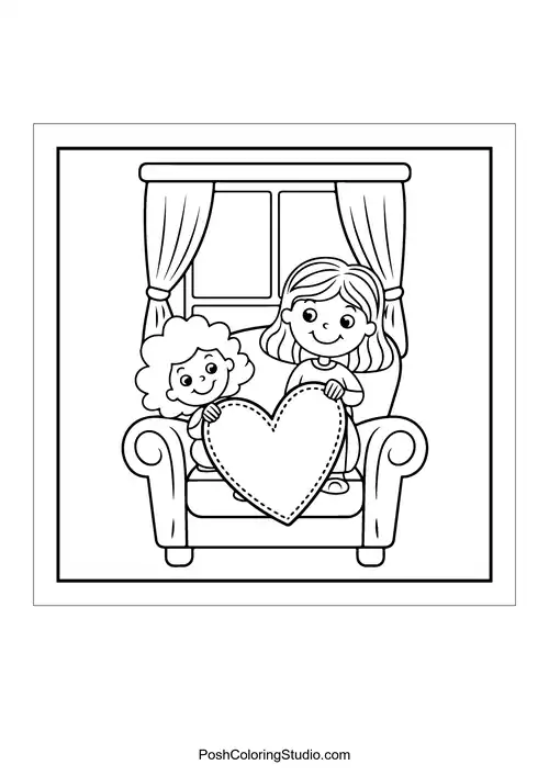 A mother and child holding a heart-shaped pillow on a couch.