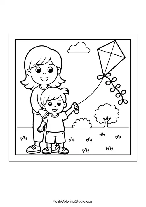 A mother and child flying a kite in a grassy field.