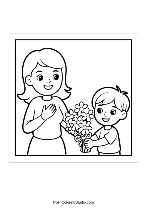 A child presenting a bouquet of flowers to a mother.