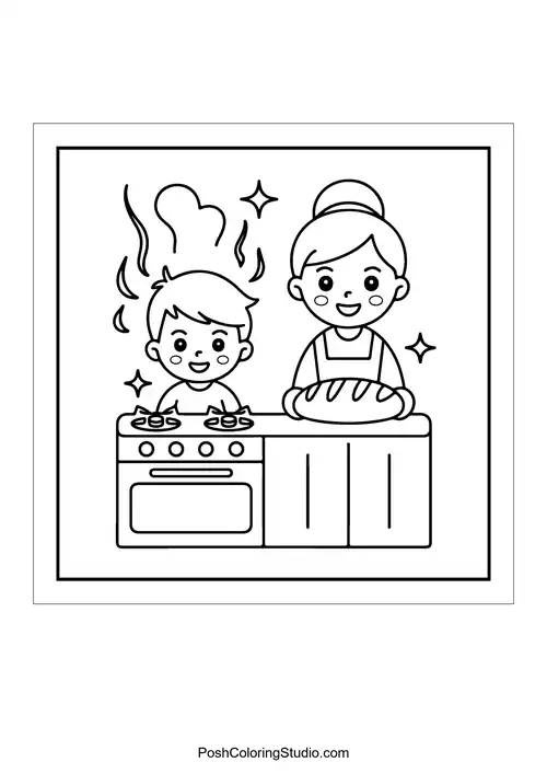 A mother and child baking in a kitchen with steam rising.