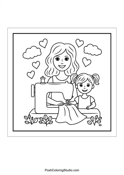 A mother and daughter sewing together at a sewing machine.