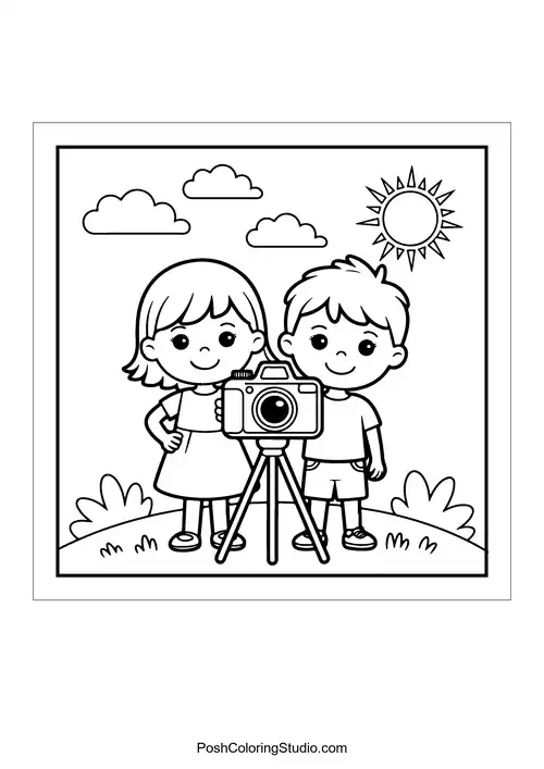 Two children posing with a camera on a tripod.