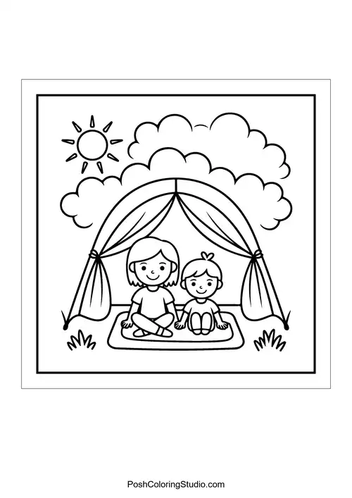 A mother and child sitting inside a tent on a sunny day.