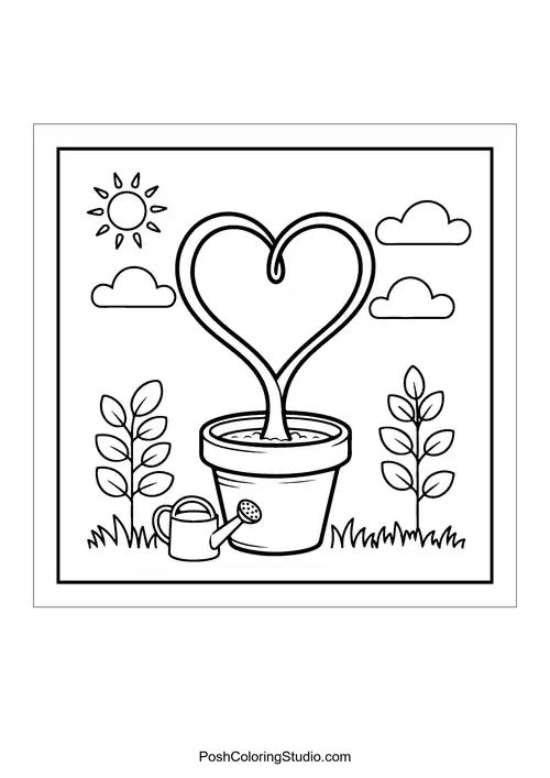 A potted plant with a heart-shaped vine and watering can.