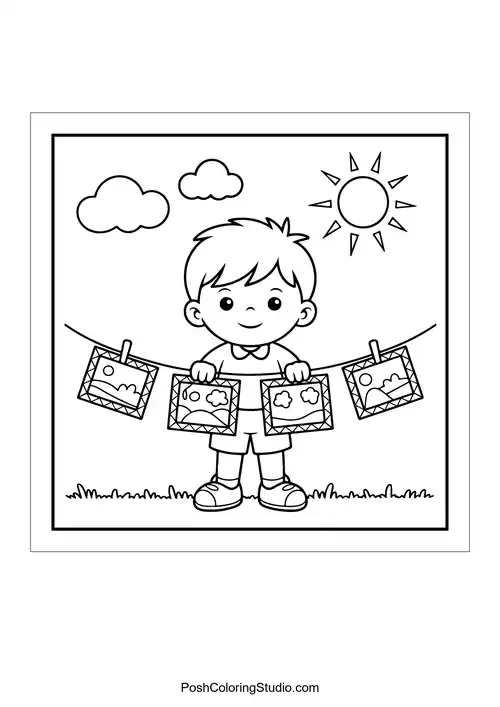 A child hanging pictures on a clothesline outdoors.