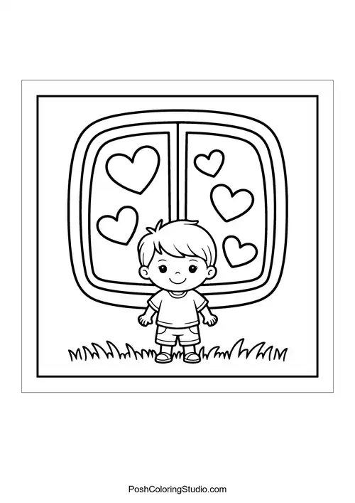 A boy standing in front of a window with heart decorations.