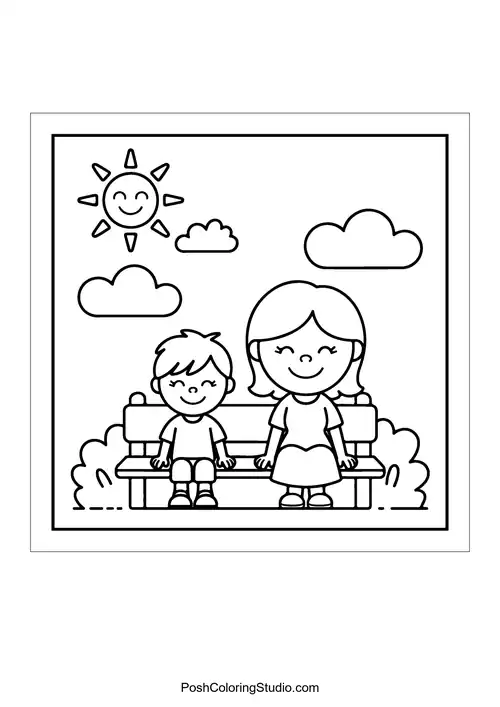 A mother and child sitting on a bench in a park.