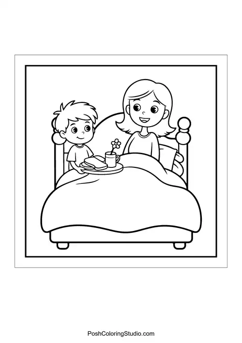 A child receiving breakfast in bed from a mother.