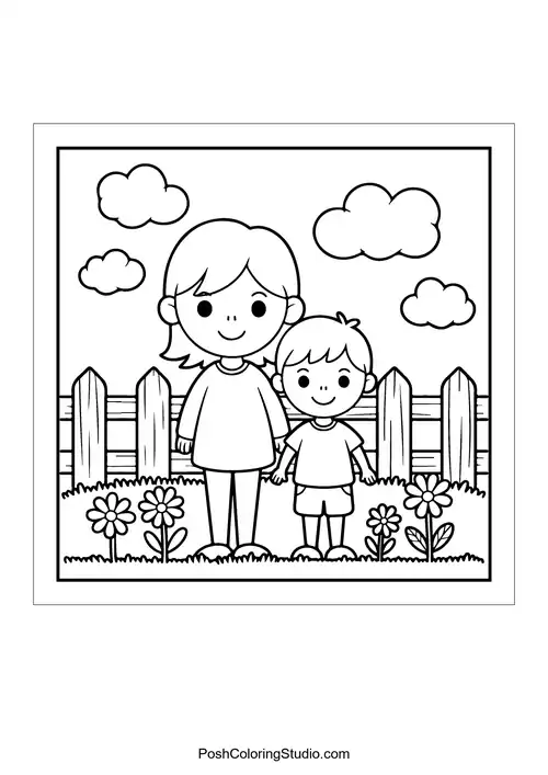 A mother and child standing in a flower garden.