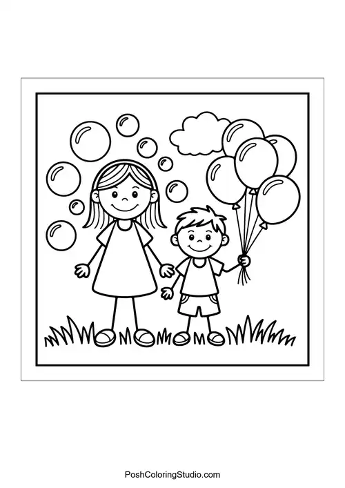 A child holding balloons with a smiling mother.