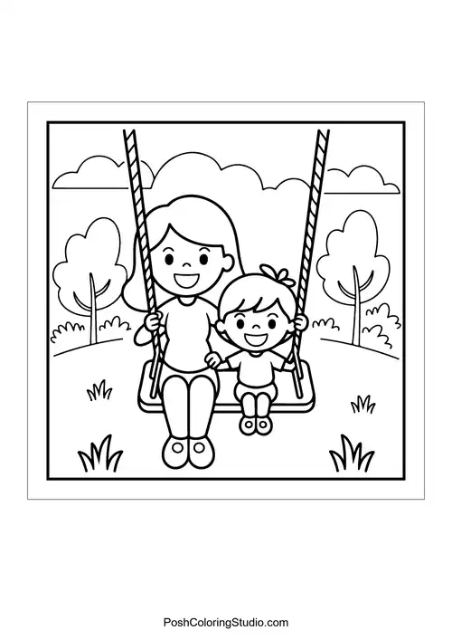 A mother and child swinging together in a park.