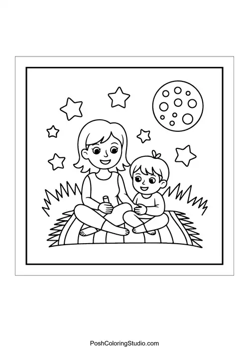 A mother and child stargazing on a blanket under the moon.