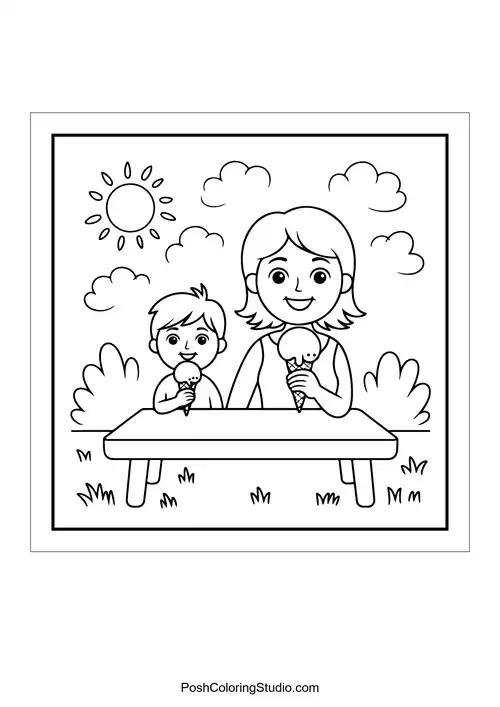 A mother and child enjoying ice cream at a table.