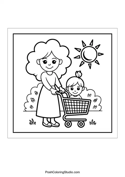 A mother pushing a shopping cart with her child.