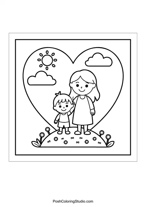 A mother and child standing in a heart-shaped frame.