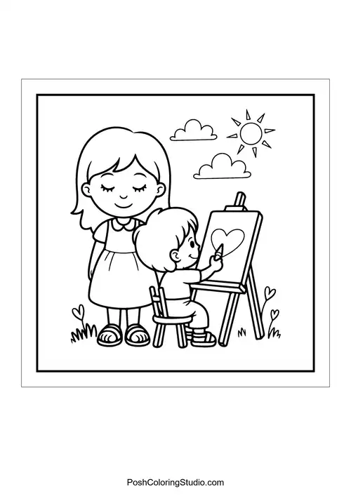 A mother watching her child paint on an easel.