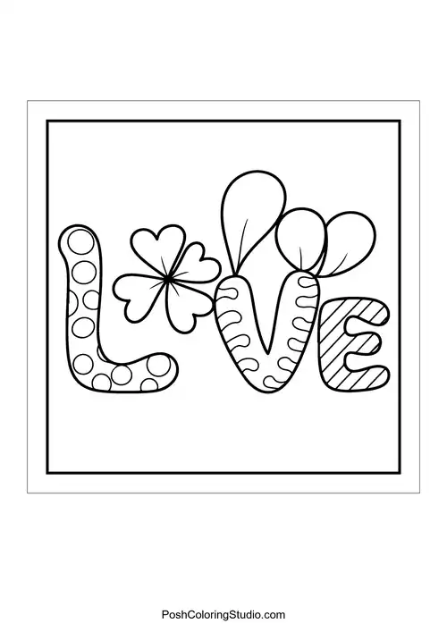 The word 'Love' decorated with clovers and balloons.