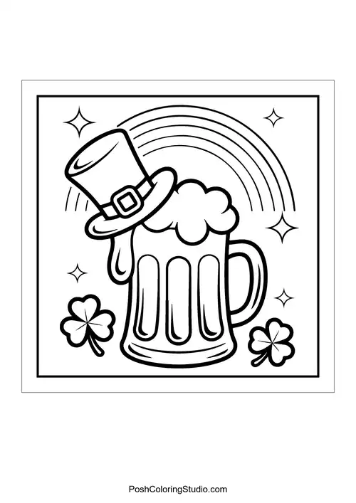 A beer mug with a leprechaun hat and a rainbow.