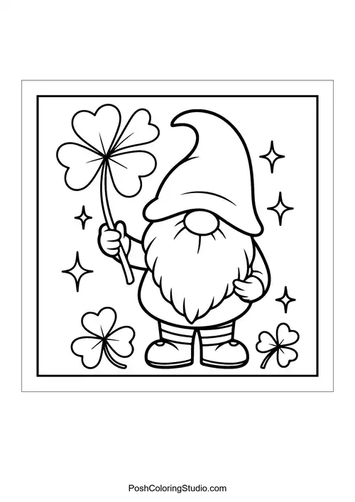 A gnome holding a clover surrounded by sparkling stars.