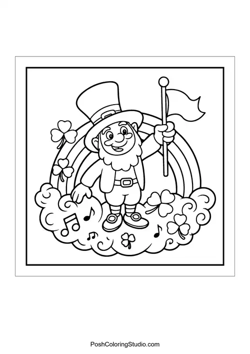 A leprechaun waving a flag on a rainbow with clovers.