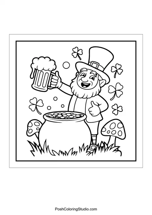 A leprechaun holding a beer next to a pot of gold.