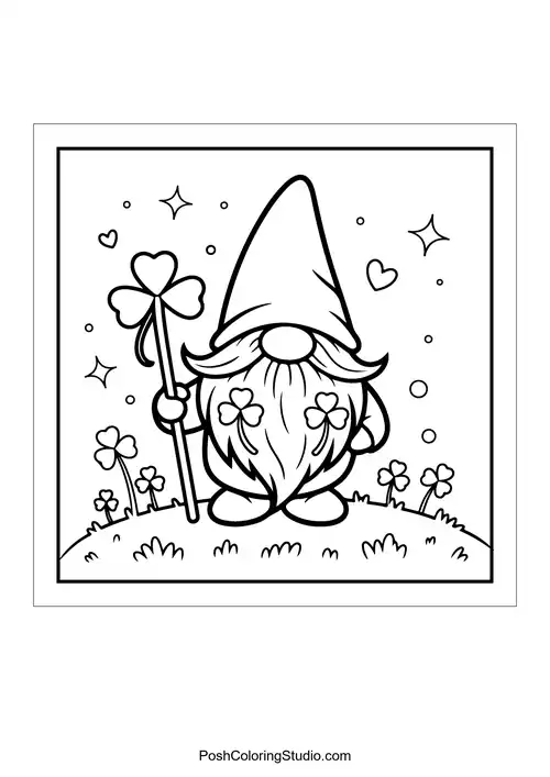 A gnome holding a clover on a grassy hill with flowers.