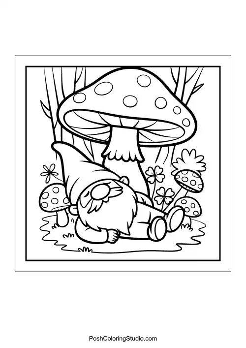 A gnome sleeping under a large mushroom surrounded by flowers.
