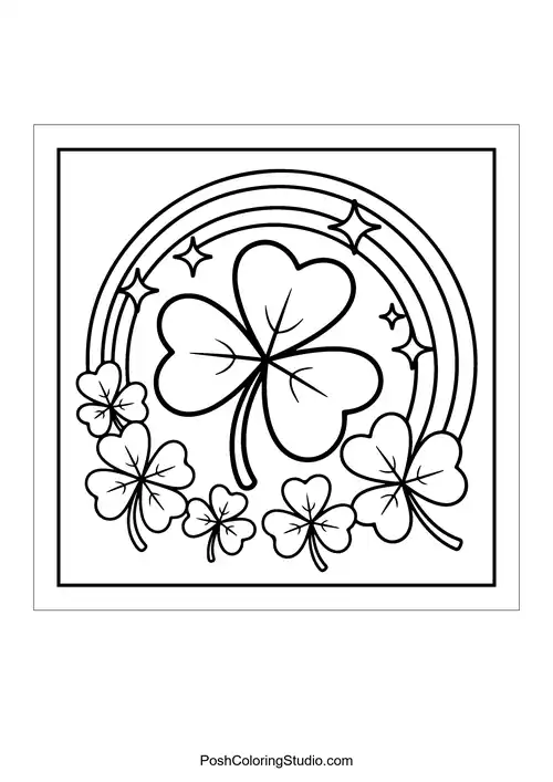 A large four-leaf clover surrounded by smaller clovers and rainbows.