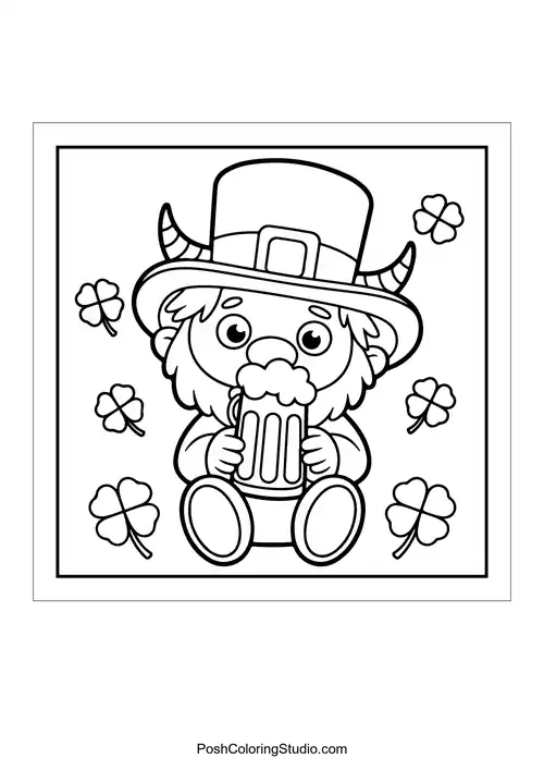 A cute character holding a beer surrounded by clovers.