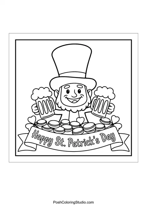 A smiling leprechaun holding two beers with festive text.